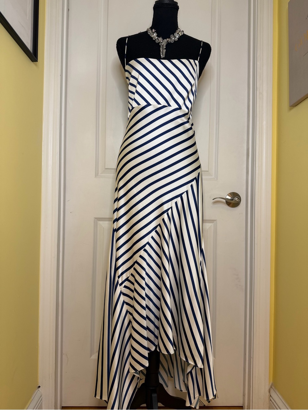 Alice + Olivia Rosa Navy & White Diagonal Stripe asymmetrical hem Maxi Dress, 12